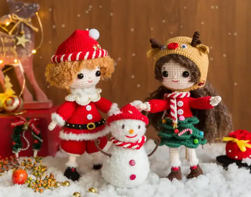 Festive Christmas Crochet Doll Set – Joy, Wendy & Snowman