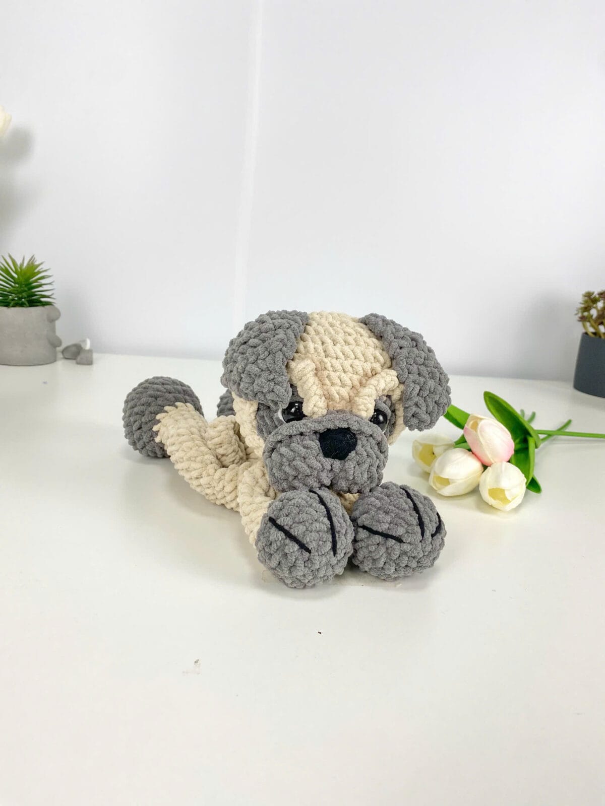 Handmade Pug Dog Crochet Pillow – Soft Amigurumi Hug Plush, Stuffed Animal Toy, Cute Dog Lover Gift, Finished Crochet Plushie